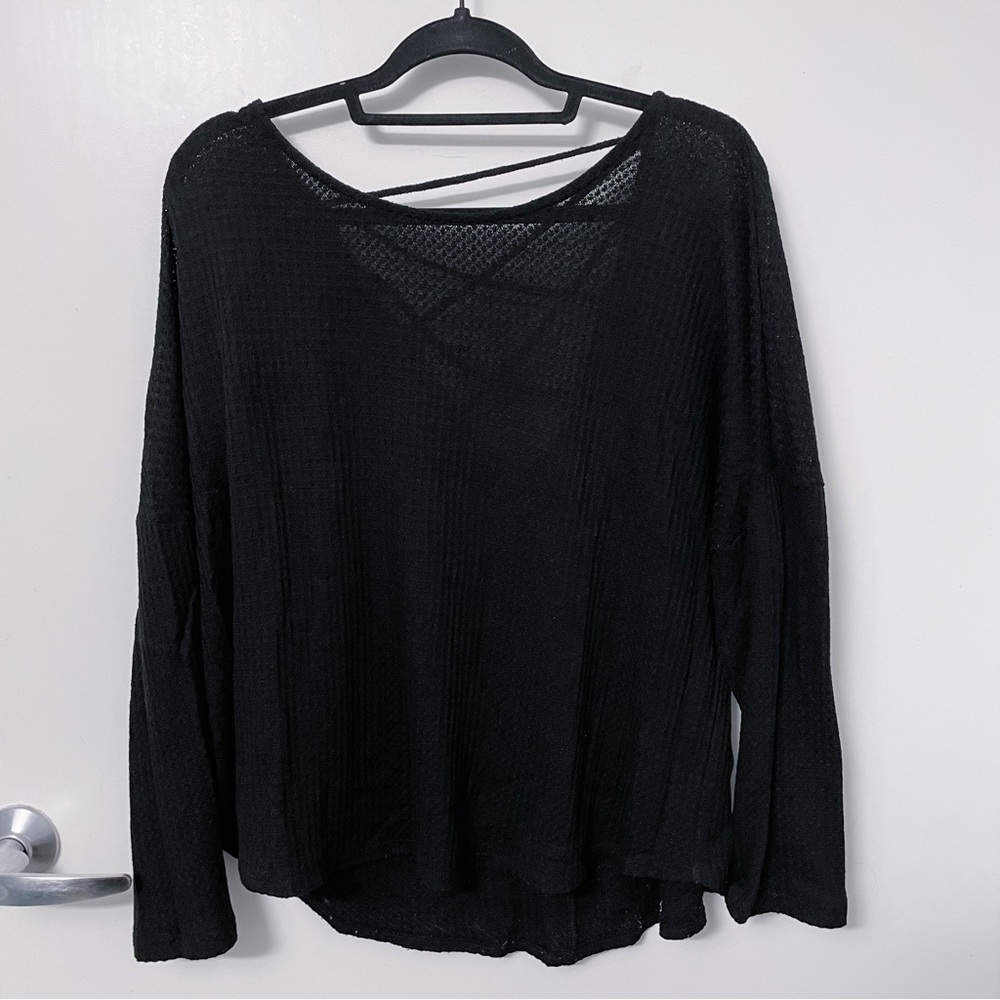 Charlotte Russe Black Waffle Knit Caged Back Top Plus 1X
